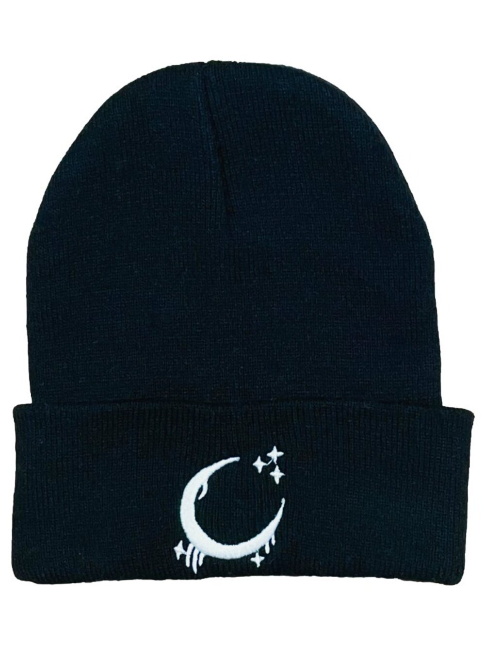 Black Crescent Moon Beanie Hat Celestial Embroidered Knit Cap OS